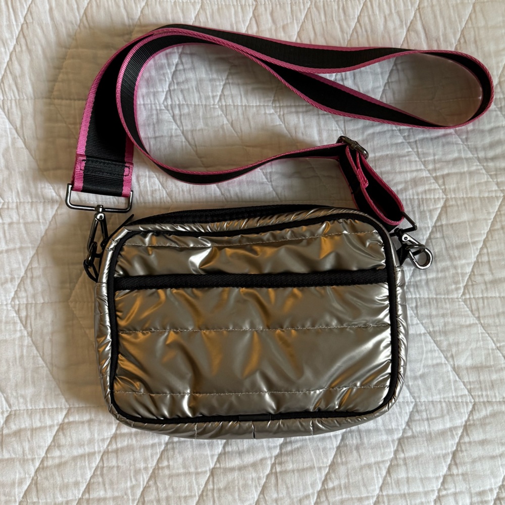 HAUTE SHORE Silver Crossbody Bag with Pink Strap